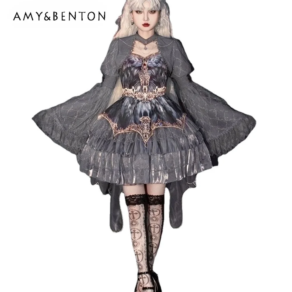 

Lolita Sexy Long Suspender Dress Swan Dance Gray Feather Dresses Multi-Layer Slim Fit Mini Cake Dress Women Clothing Club Wear