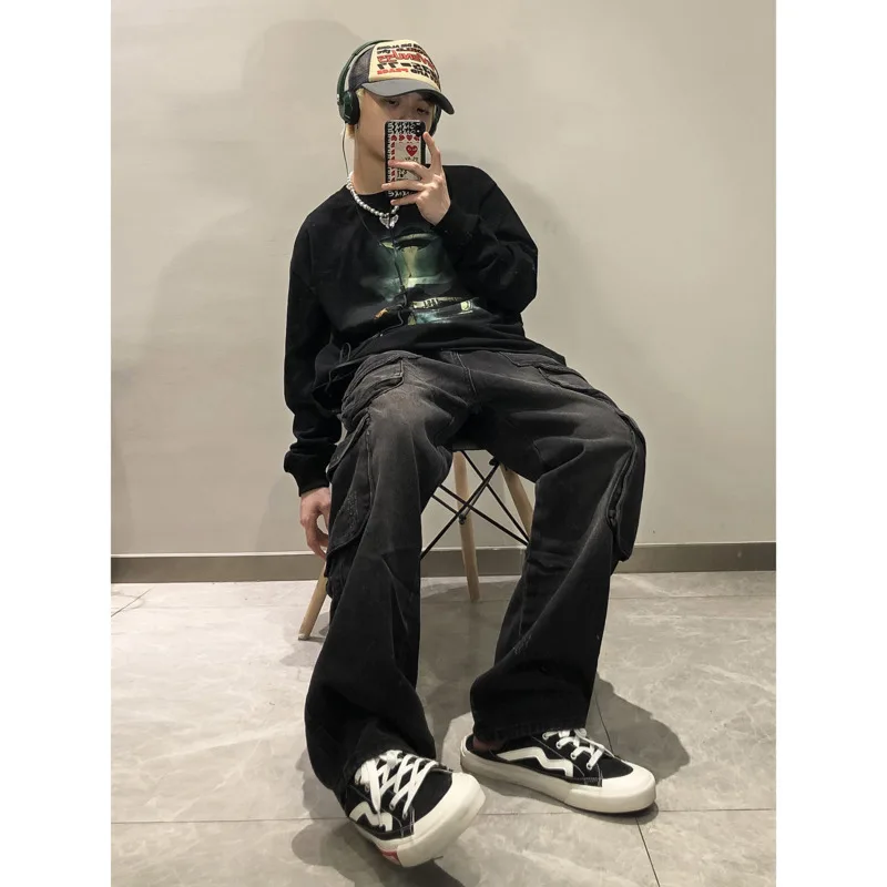 Blue Black Cargo Jeans Men Fashion Vintage Pocket Jeans Men Japanese Streetwear Hip-hop Loose Straight Denim Pants Mens Trousers