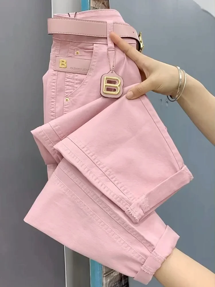 

High Waist Pink Denim Harem Pants 2023 New Spring Summer Loose Ankle-length Jeans All-match Large Size Straight Pants M-4XL