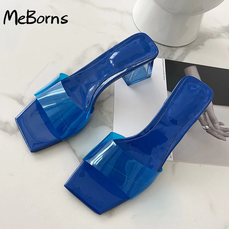 

Summer Slippers Women Blue Green PVC Transparent Shoes Mules Slides Fashion Open Toe Clear Heels Beach Jelly Sandals Size 35-40