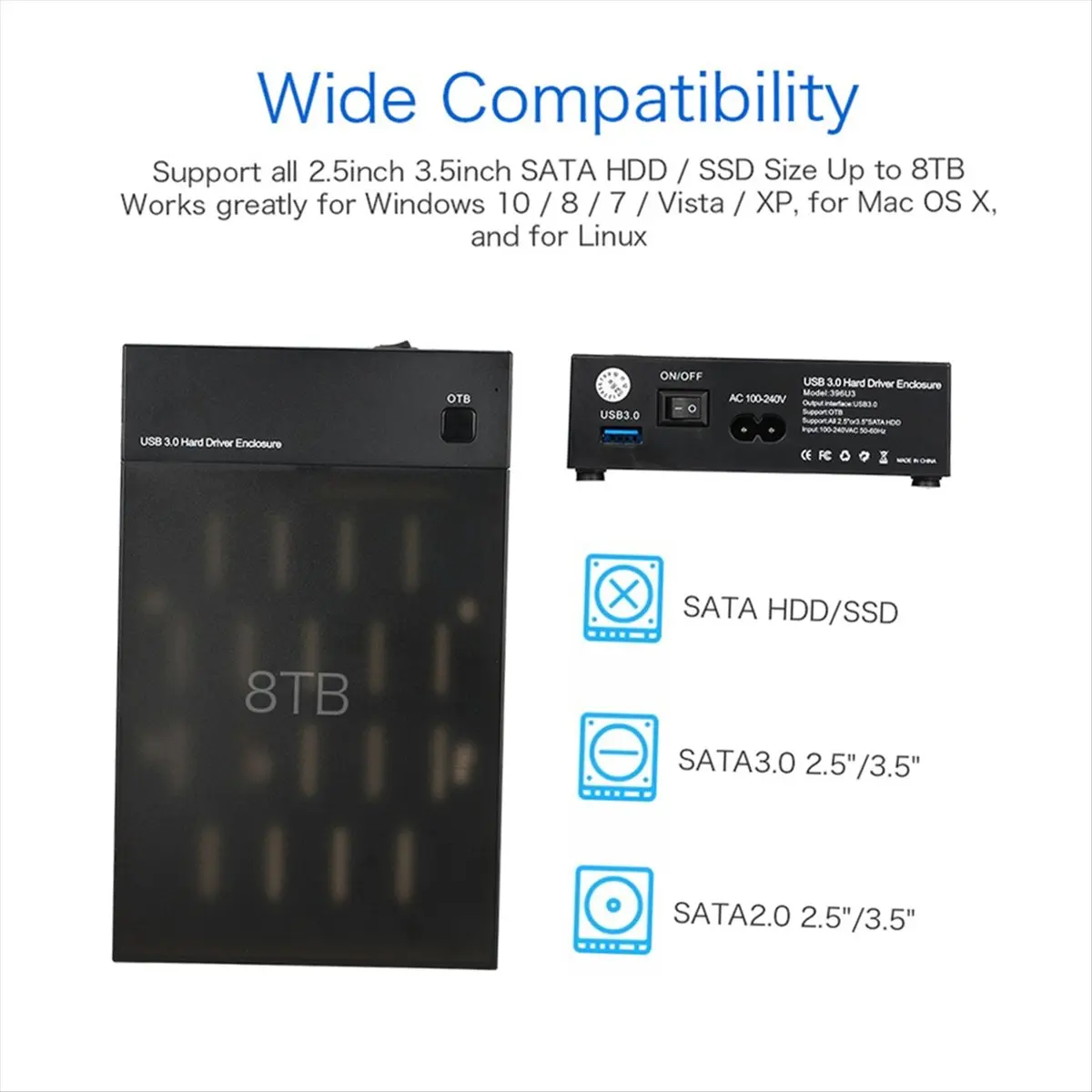 Фото ♬ ◤ Популярный стиль ◥ USB 3.0 2.5-дюймовый 3.5-дюймовый корпус для жесткого диска SATA, портативный чехол для SSD/HDD, поддержка UASP, резервное копирование одним нажатием, вилка UK. №3