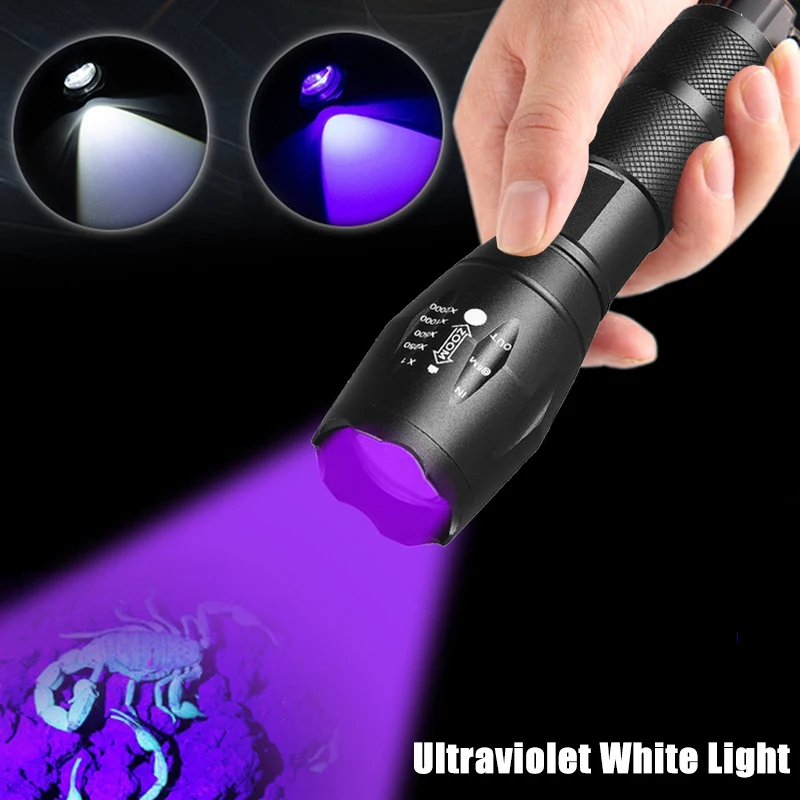 

Ultraviolet White Dual Light Flashlight Zoom Retractable Torch UV Flashlight Fluorescent Agent Detection Outdoor Lighting Lamp