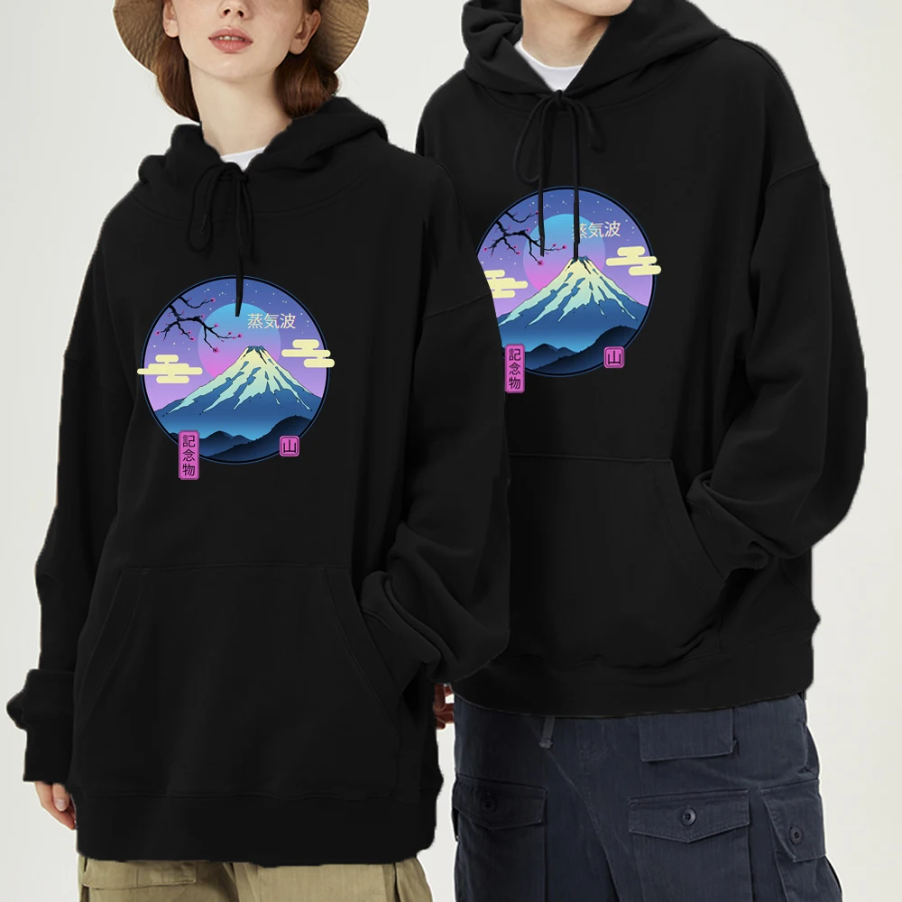 Vaporwave Mount Fuji Hoodies Man Women  Steam Wave Print Long Sleeve Pocket Streetwear Hoody Autumn  Sweatshirts