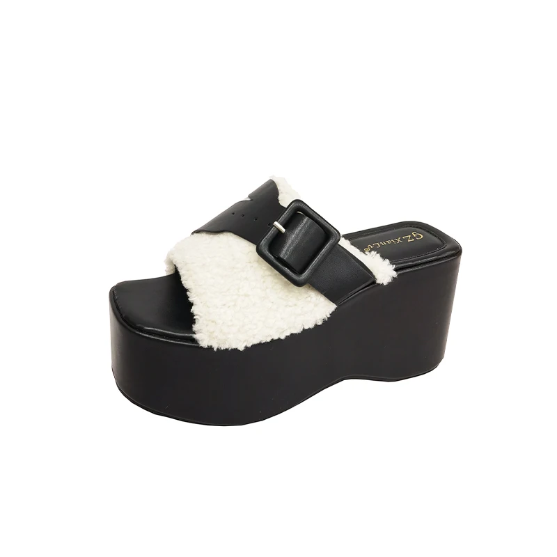 Square Toe Platform Wedges Wool Belt Buckle Women's Slippers Summer Fashion Solid Color Simple Slip On Muller Shoes Soft Leather