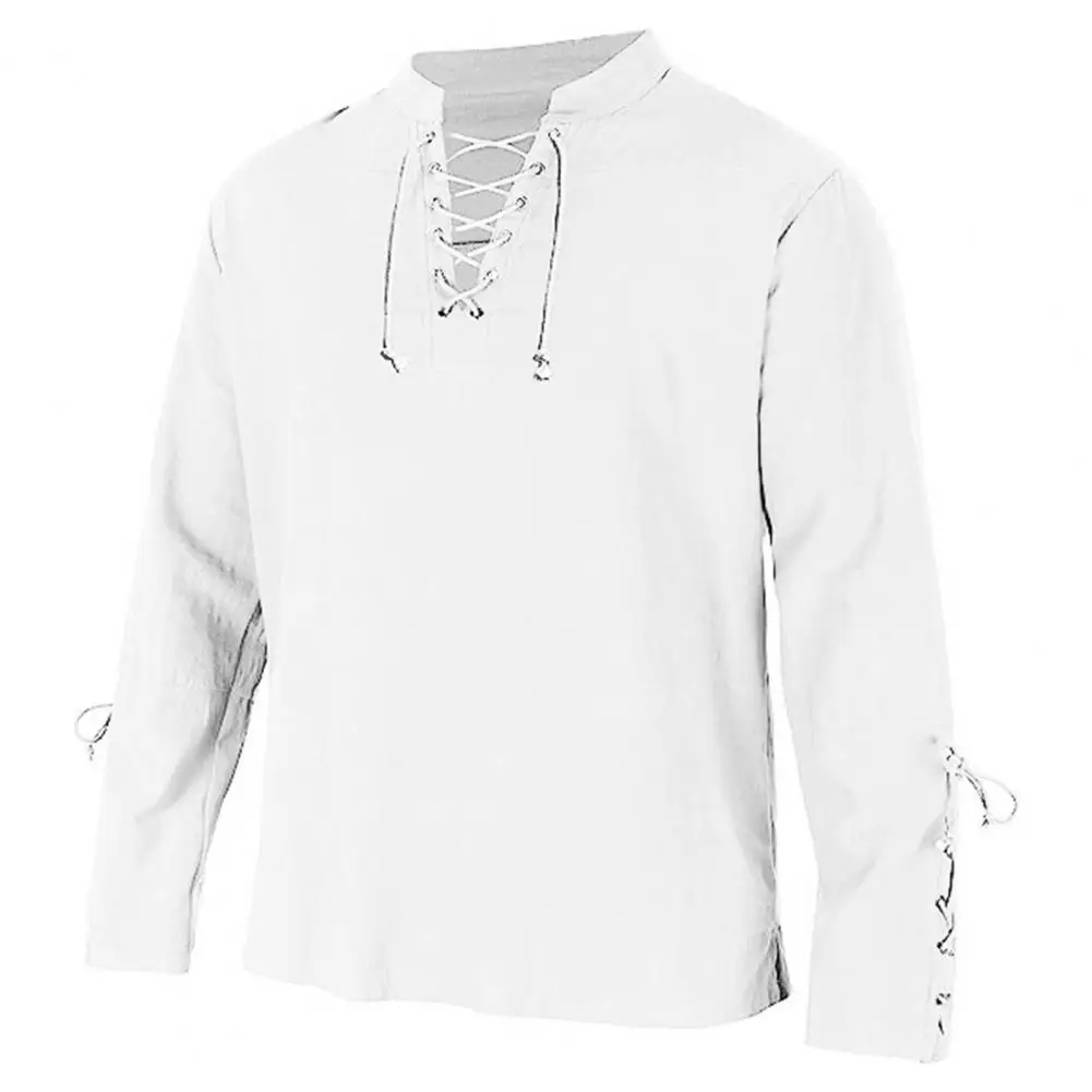 

Рубашка с бандажными манжетами Мужская винтажная рубашка со шнуровкой и воротником-стойкой с бандажными манжетами свободного кроя однотонная в стиле панк для повседневной носки