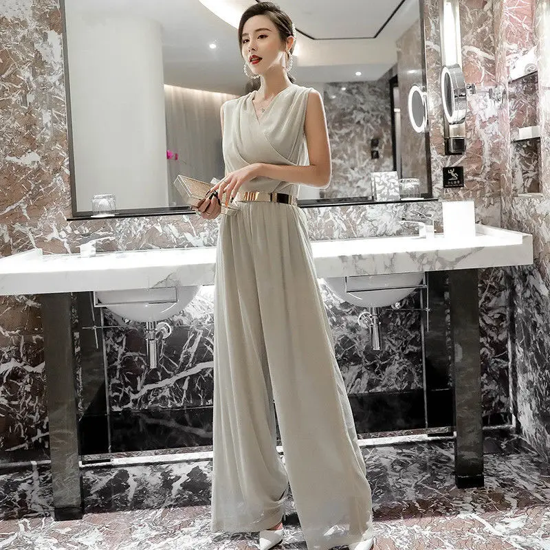 

Women 2022 Summer One-piece Wide-leg Pants Fashion Rompers Female Casual V-neck Sleeveless Jumpsuit Ladies Elegant Overalls K22