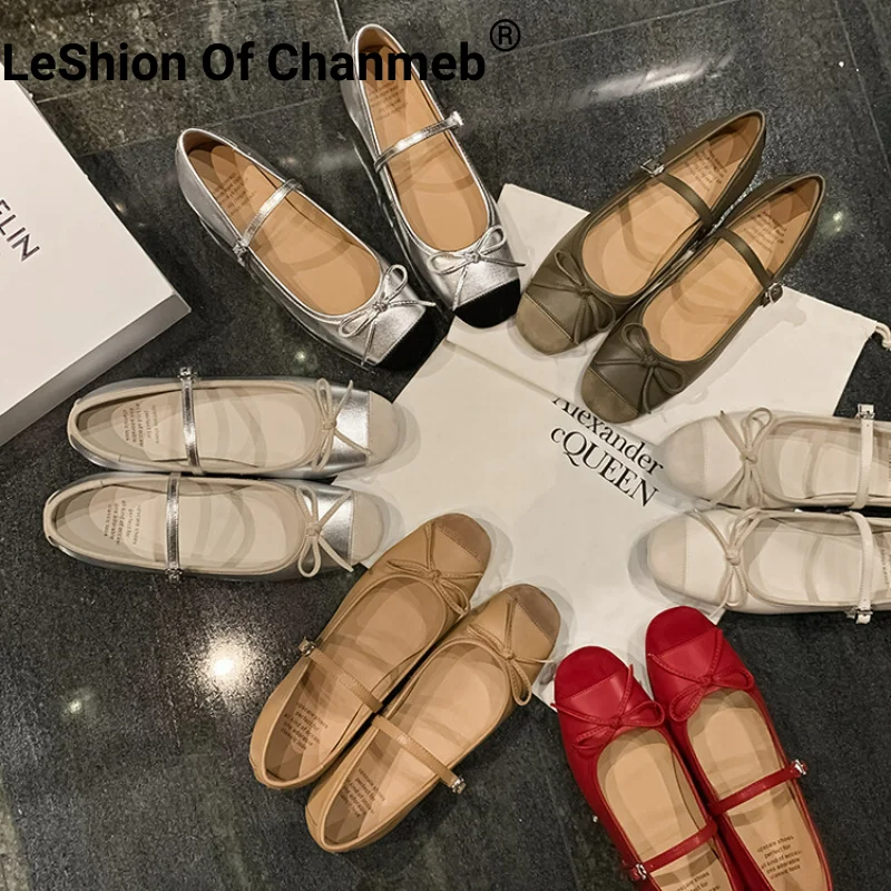 

LeShion Of Chanmeb Soft Sheepskin Women Ballet Flat Shoes Lovely Bowtie Patchwork Buckle Mary Jane Comfort Ballerina Shoes 33-42