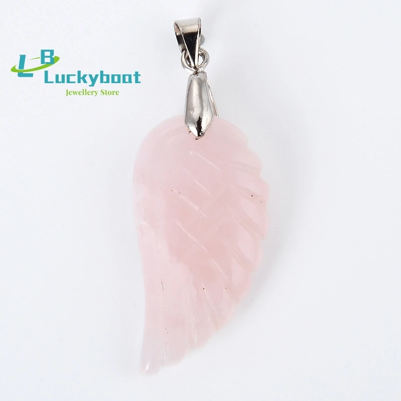 

New 1Pc Natural Stone Amethysts Rose Pink Clear Quartz Opal Aventurine Fluorite Bead Carved Angel Wings Feather Pendant Jewelry