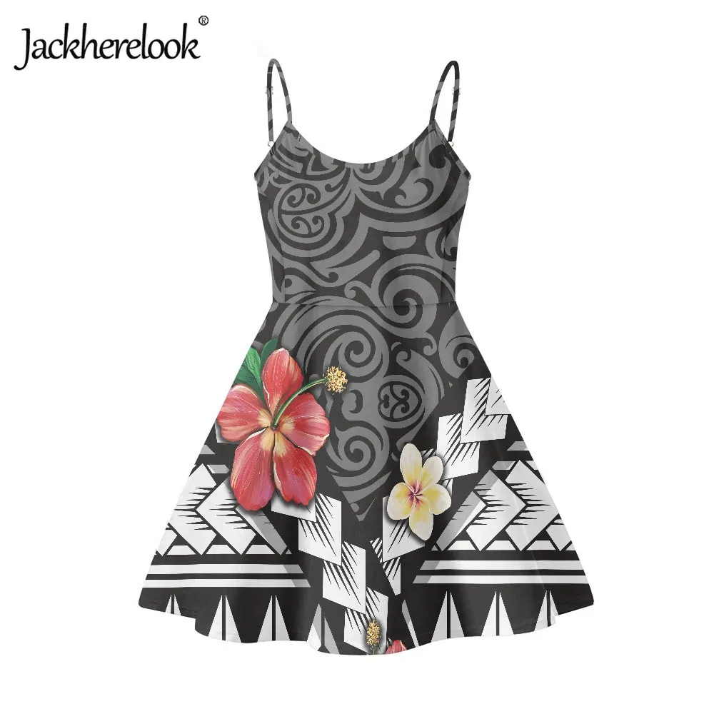 

Jackherelook Polynesian Hibiscus Pattern Halter Dress Sexy Backless Beach Dresses for Girls Women's Slip Dresses Sleeveless