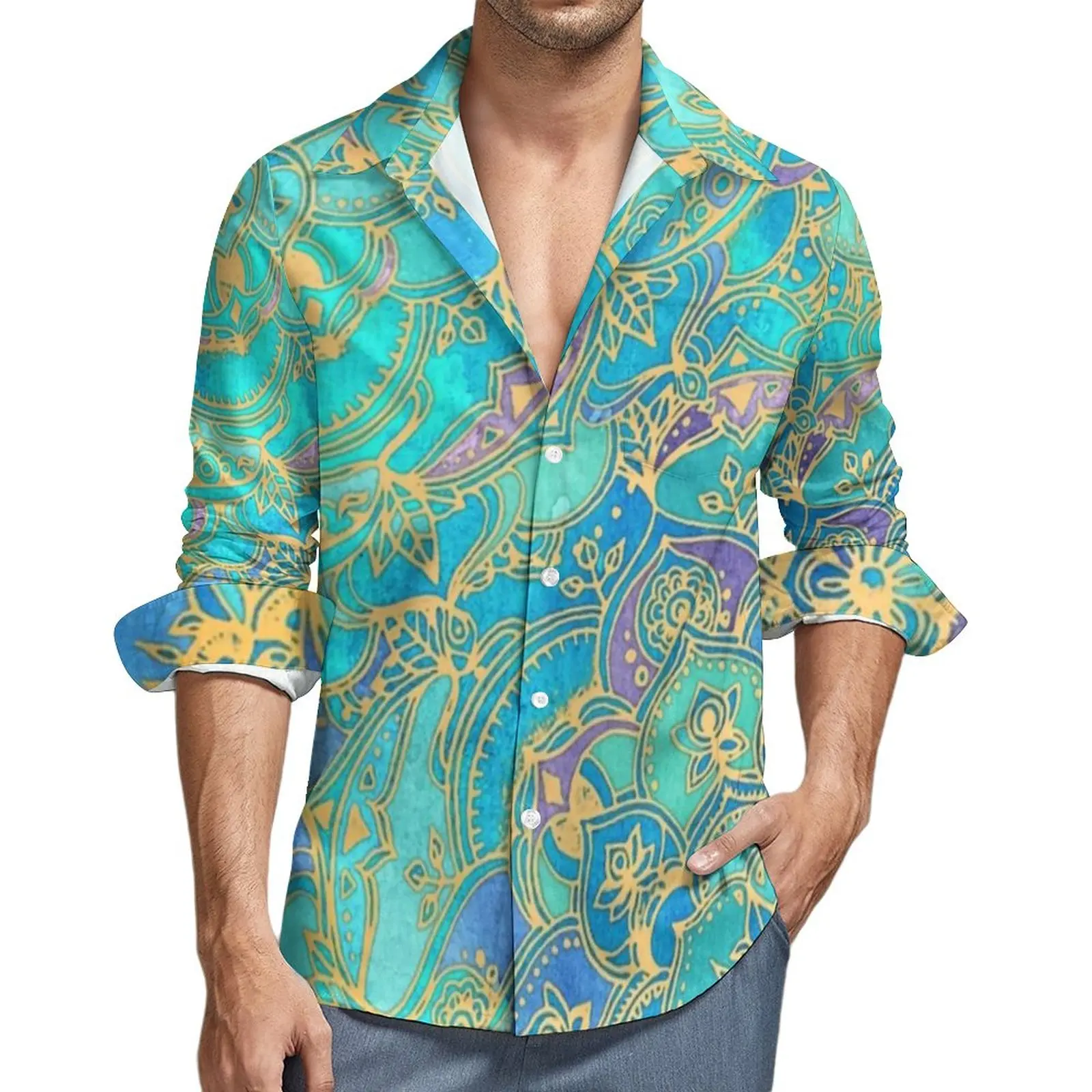 

Рубашка мужская с металлическим принтом, повседневная с сапфировым нефритом И мандалами, винтажная блузка с длинным рукавом, топ оверсайз, Y2K, весна