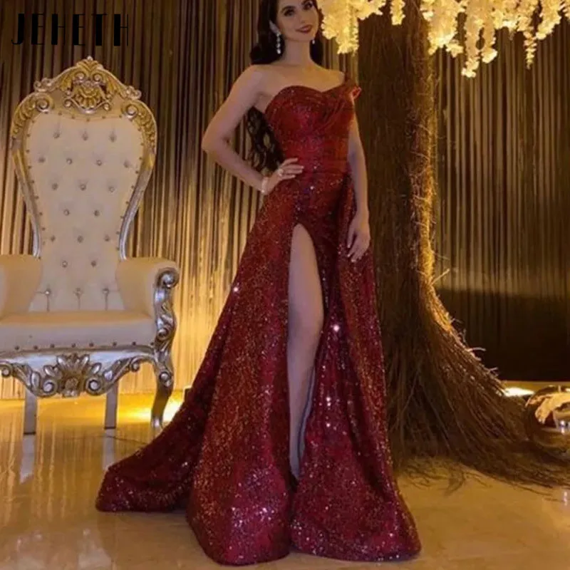 

JEHETH бордовое блестящее Тюлевое вечернее платье Великолепные блестки с Боковым Разрезом бальное платье трапециевидной формы на одно плечо вечерние فساالراالراالراالرالات لات قص бордовое блестящее Тюлевое вечернее пла