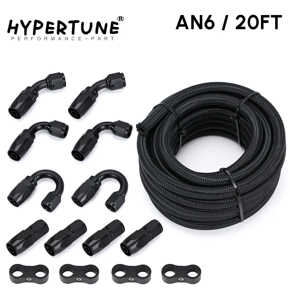 6Meter/20FT AN6  6AN Oil Fuel Fittings Hose End 0+45+90+180 Degree Stainless Steel Braided Oil Fuel Hose Line Black With Clamps