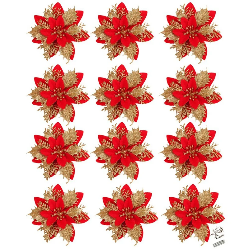 

Red Poinsettia Artificial Christmas Flowers Christmas Tree Ornaments For Xmas Wedding Party Wreath Decor,12Pcs,5.5In