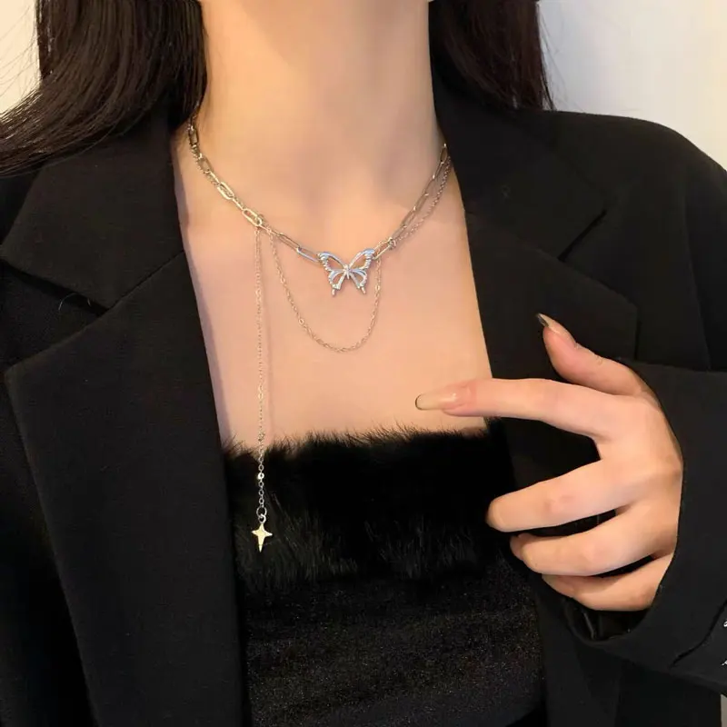 

New Shiny Butterfly Star Necklace For Women Tassel Double Layer Clavicle Chain Necklace Stainless Steel Jewelry For Ladies Gift