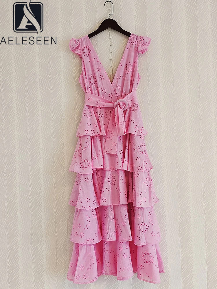 

AELESEEN Fashion Runway 2022 Summer Long Dress Women Pink White Hollow Out Ruffles Cascading With Belt Ladies Party Vacation