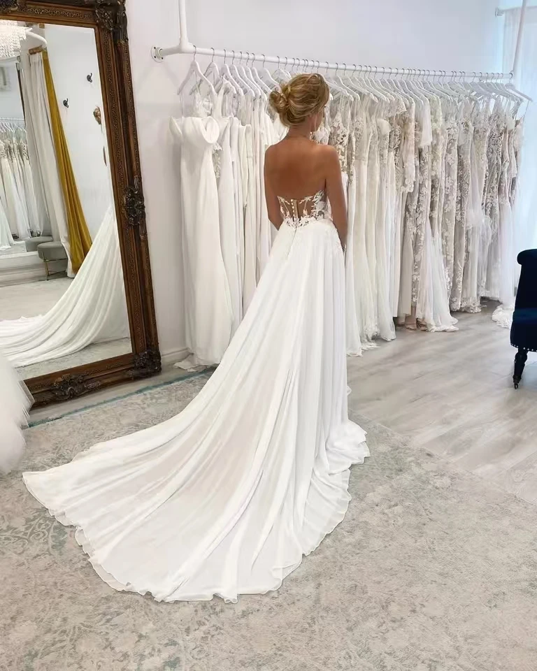 Кружевное шифоновое свадебное платье трапециевидной формы в стиле бохо милое с