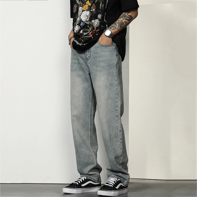 Fashion men's spring and autumn jeans men's vibe style high street retro drape American loose straight mop trousers ins hot sale