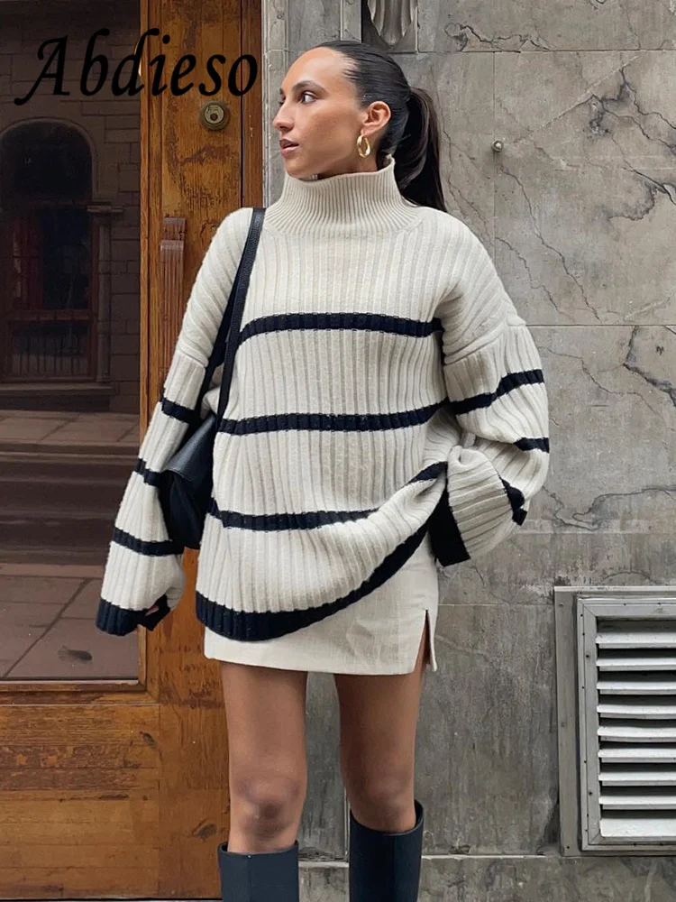 

Abdieso Y2K пуловер женский полосатый винтажный вязаный свитер с длинным рукавом 2022 Осень Зима Водолазка оверсайз Повседневные свитера