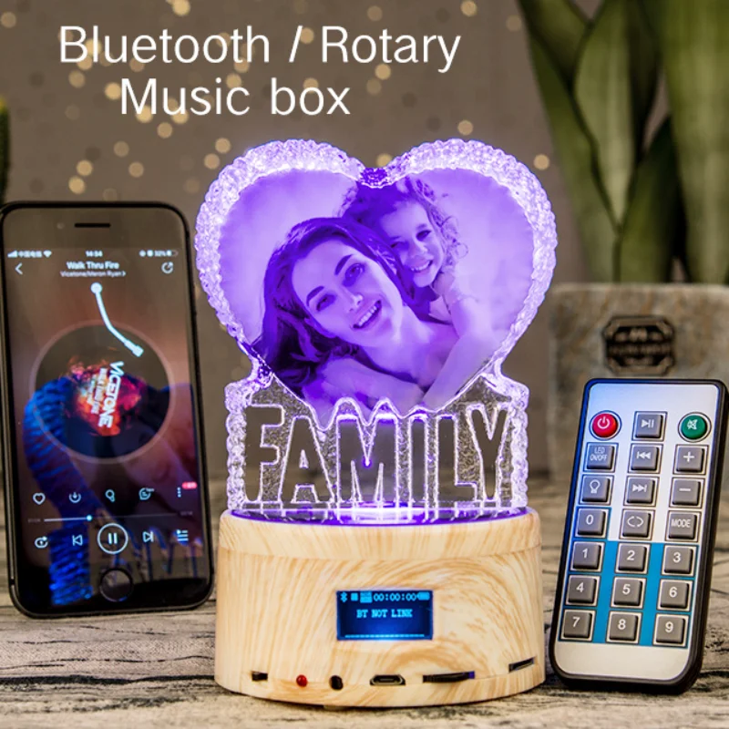 

3D Crystal Music Box Creative Text Photo Custom Couple Family Birthday Gift Laser Engraving Crystal Photo Color LED Light