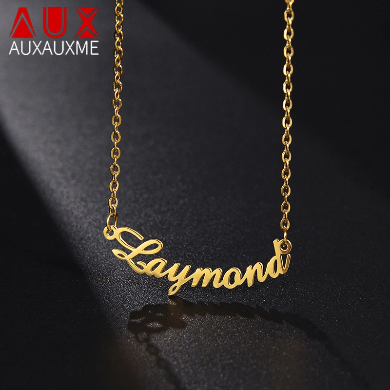 Auxauxme Custom Name Necklace Stainless Steel For Women Men Personalized Nameplate Pendant Party Birthday Chrismas Jewelry Gifts