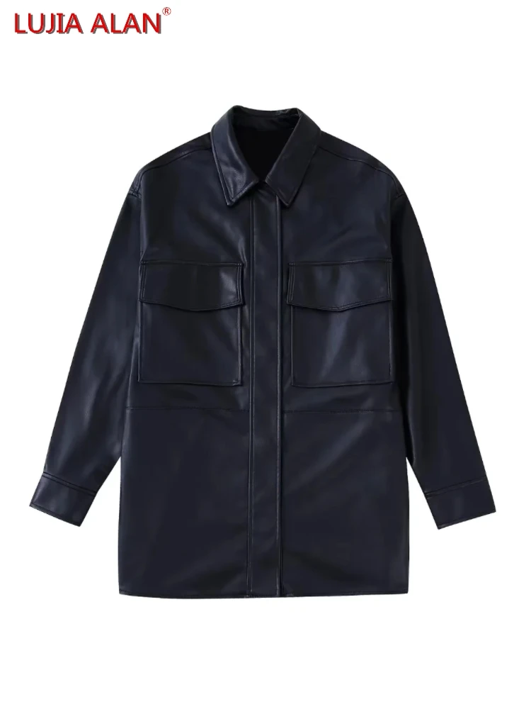 

Autumn New Women's Black PU Leather Lapel Patch Pocket Long Sleeve Coat Casual Loose Outerwear LUJIA ALAN C1615