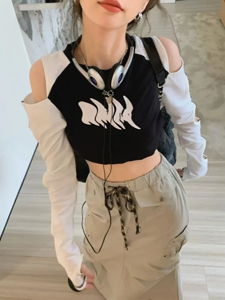

Crop Top Women Y2k T-shirts Female Off Shoulder Sexy Slim-fit Tees Y2k Ladies Hollow Out Long Sleeve T Shirts Summer