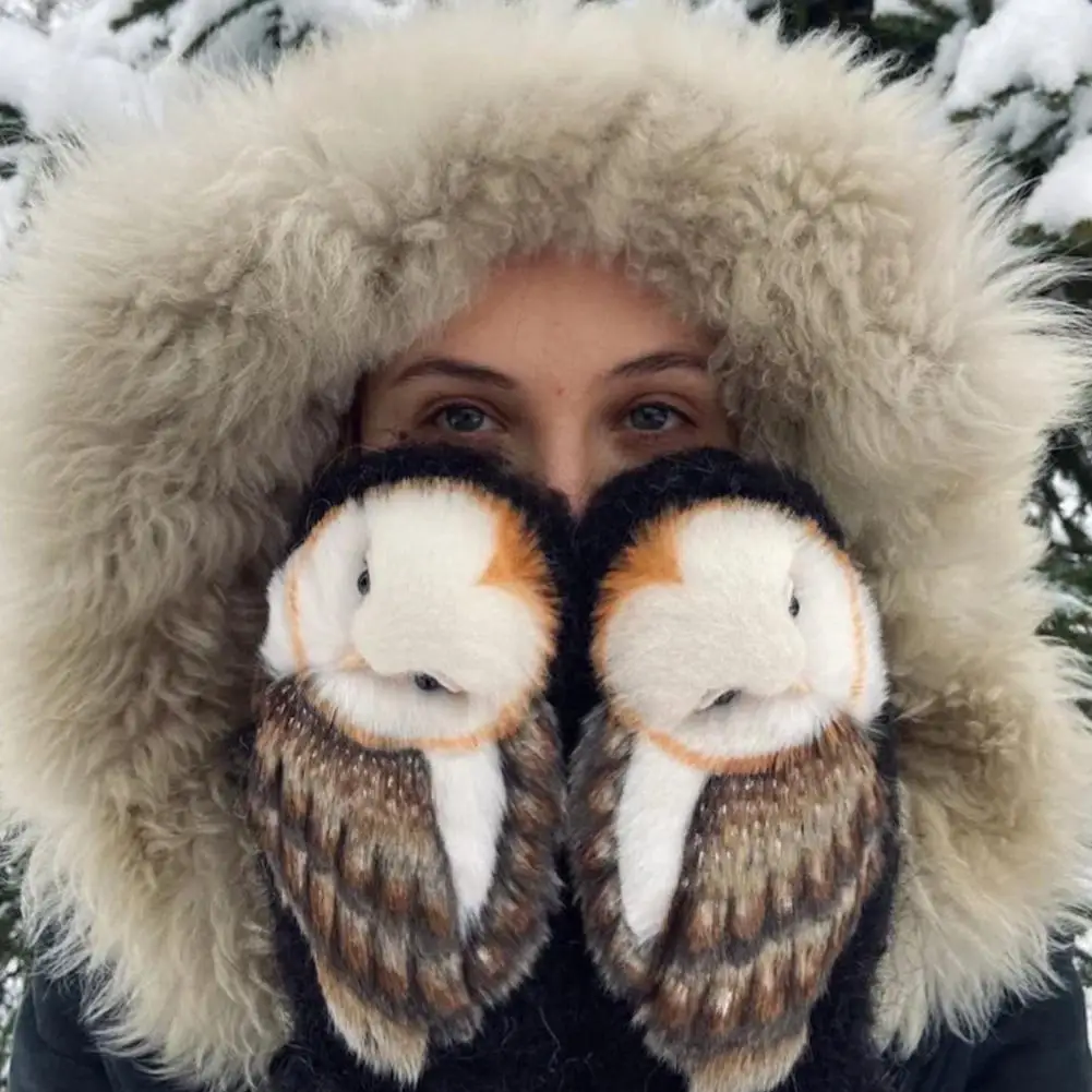 1 Pair Cute Cartoon Plush Owl Gloves Full Finger Winter Warm Wrist Gloves Knitted Mittens Christmas Gifts