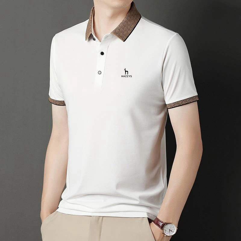 

Рубашка-поло мужская летняя Новая высококачественная мужская рубашка-поло с коротким рукавом ледяная шелковая рубашка-поло с принтом HAZZYS мужская деловая Повседневная рубашка-поло