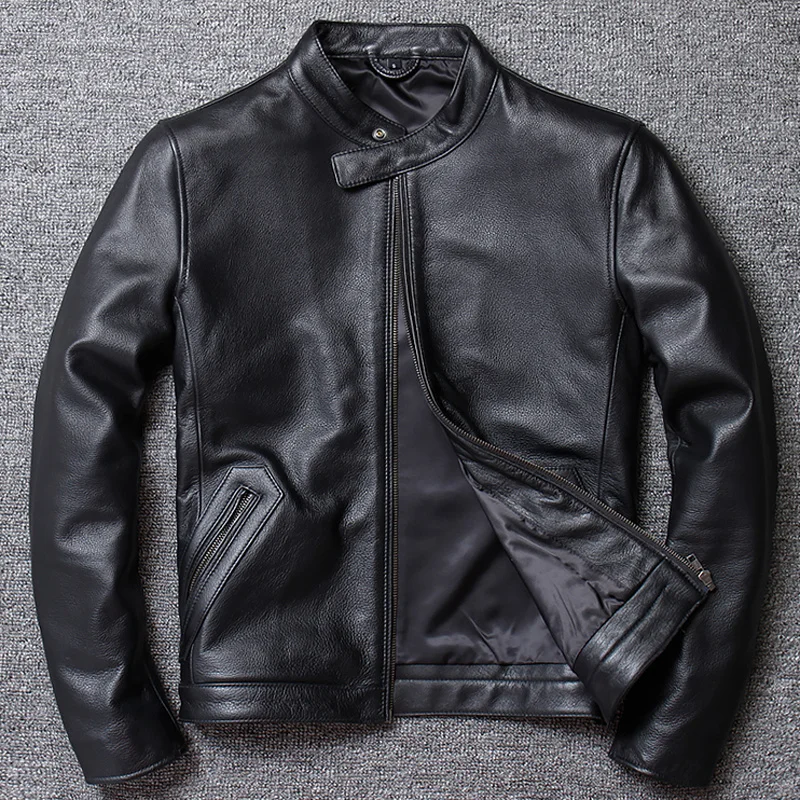 

North American Style 2023 Mens Cow Leather Jacket Coat Brand Designer Black Genuine Leather Coat For Men Overcoats European A843