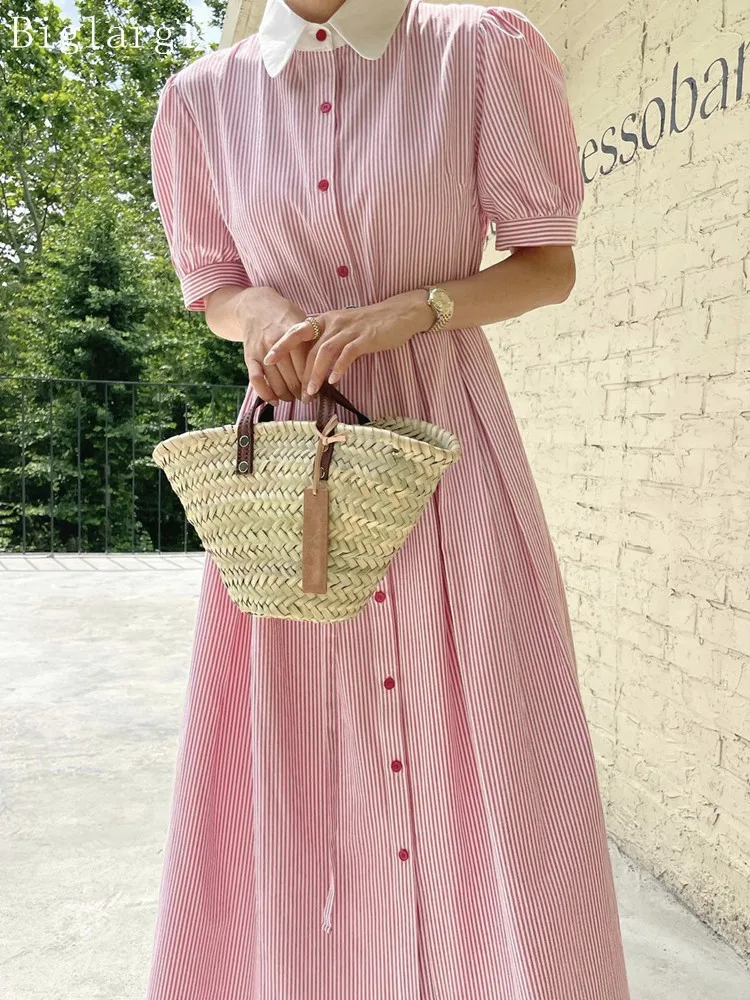 

Женское длинное платье в полоску, розовое элегантное плиссированное платье в Корейском стиле, лето 2023