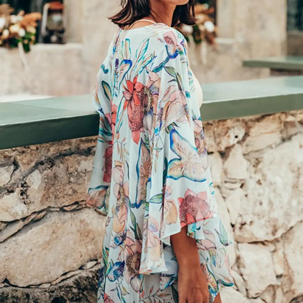 

Stylish Bikini Cover Up Sun Protection Breathable Summer Cover Up Flower Print Holiday Swimsuit Cover Up Coat