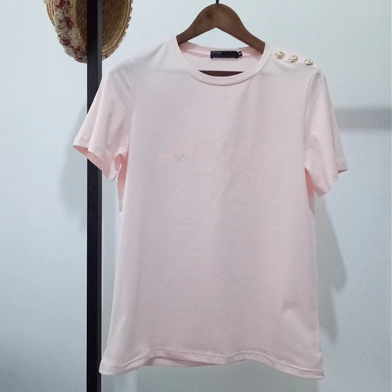 

Harajuku Tops Cotton Summer Clothes Plus Size Fashion Oversized T Shirt Women Tee Shirt Short Sleeve Woman T-Shirts Gold Button