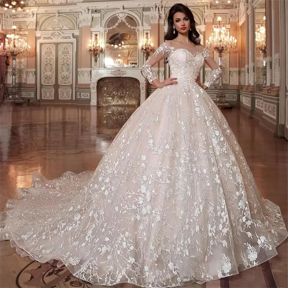 2022 Luxury White/Ivory Women Long Train Wedding Dress Bride Lace Appliques Illusion Beads Crystal Elegant Gowns Vestido Formal