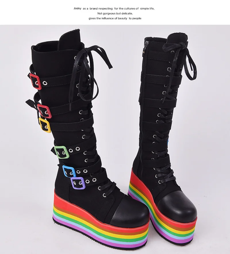 2022 Autumn Winter Sale Punk Halloween Witch Cosplay Platform High Wedges Heels Black Gothic Calf Boots Women Shoes Big Size 43