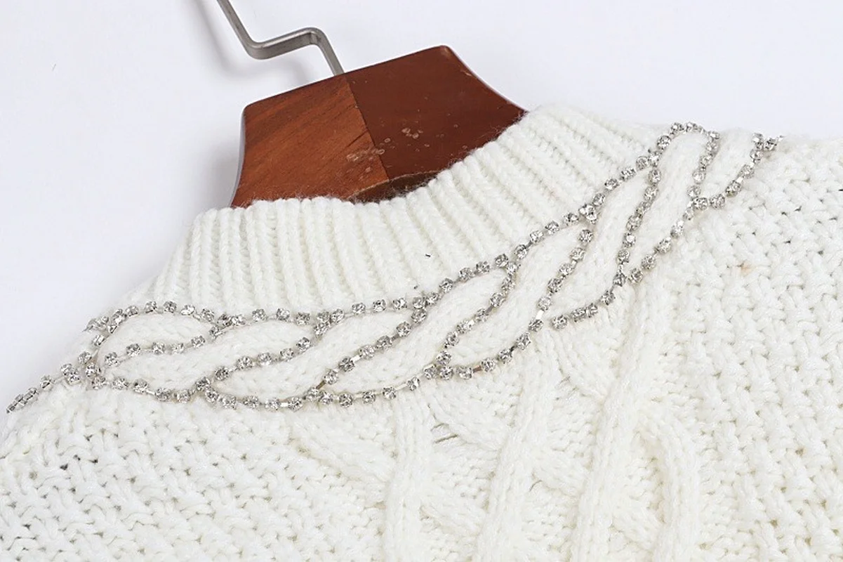 Heavy-duty Diamond-studded Chain Bubble Long-sleeved Knitted Cardigan 2022 Autumn New Women French Round Neck Loose Sweater