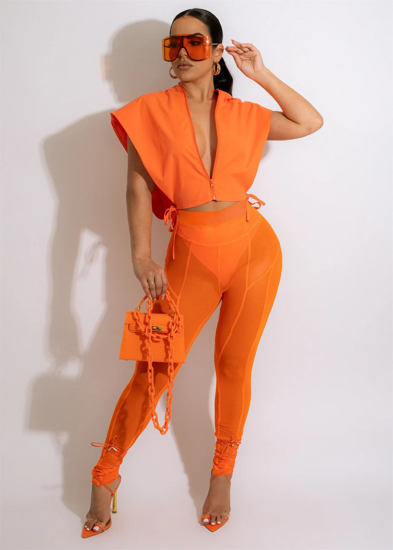 

Felyn 2022 High Quality New Design 2 pcs Mesh Women Set Solid V-neck Batwing T-shirt Long Pants Summer Sexy Outfits