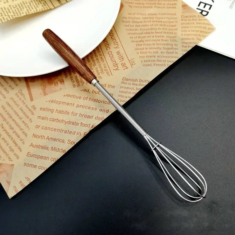 New Wooden Handle Stainless Steel Egg Beater Light Luxury Style Japanese Manual Baking Dessert Mixer Kitchen Tools