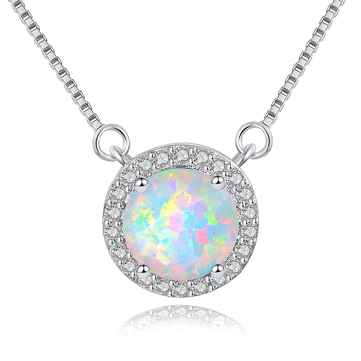 

GEMSME 18K White Gold Plated Round Opal Necklace 3A+ Cubic Zirconia Hypoallergenic Opals Necklaces for Women Girls 17.5+2 inch