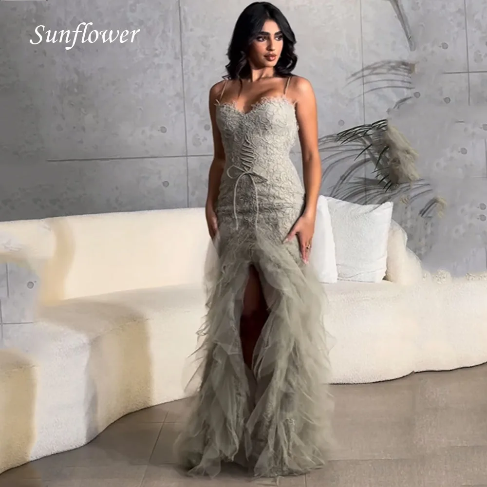 

Sunflower V-Neck Spaghetti Strap Mermaid Evening Dress 2023 Slim Lace Appliques Tulle High-end Custom Prom Gowns Floor-Length