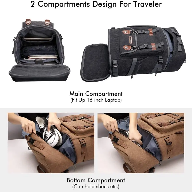 Travel Backpack for Men Carry On Vintage Canvas Backpack Duffel Bag A568 Black