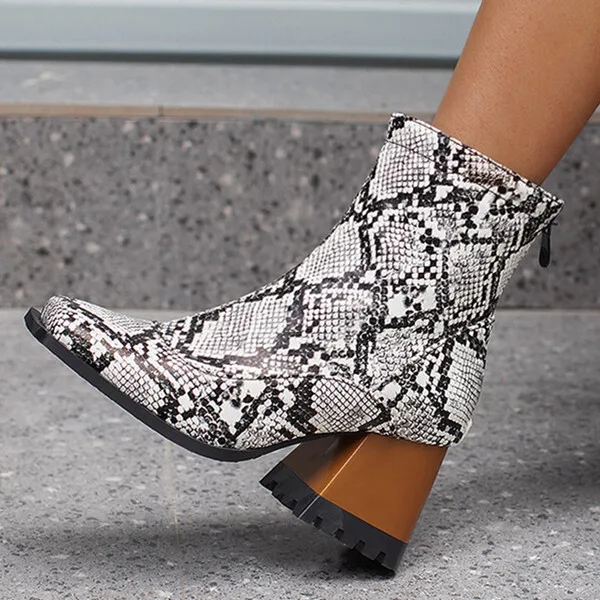

Sexy Snake Pattern Square Toe Ankle Boots Women High Heels Boots Ladies Spring Autumn Short Boots Party Shoes Woman Plus Size 48
