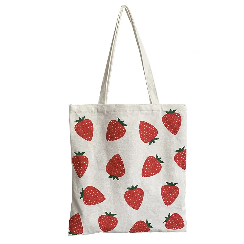 

Women Canvas Tote Shopper Bag Large Eco Shopping Strawberry Printing Shoulder Bags for Girl Female Student Foldable Handbag