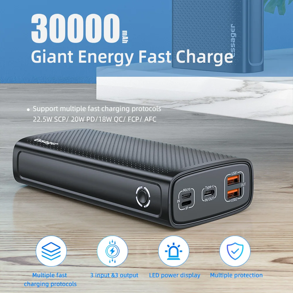 

Essager 22,5 Вт Power Bank 30000 мАч QC3.0 Super Fast Charging Portable Power Bank Внешнее зарядное устройство для iPhone 13 11 Xiaomi