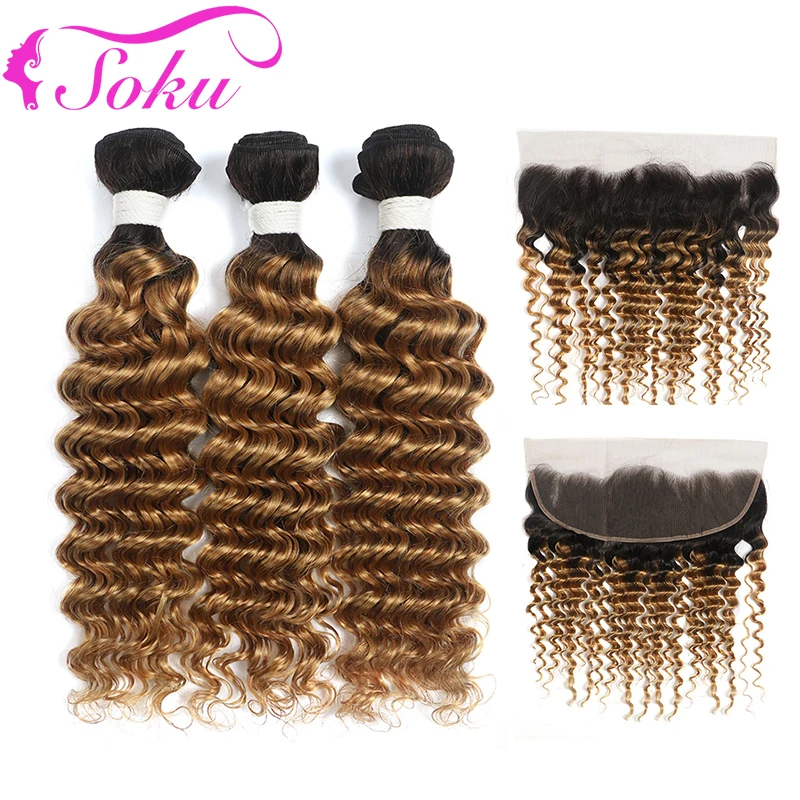 

Ombre Blonde Deep Wave Bundles With Frontal SOKU T1B/27 Brazilian Hair Weave Bundles With Closure 13x4 100% Remy Human Hair Weft