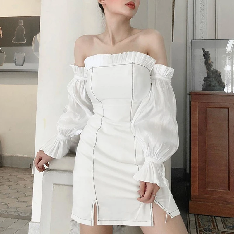 

Patchwork White Off Shoulder Sexy Dress Long Puff Sleeve Mini Night Party Dresses Summer Backless Bodycon Dress Vestidos 2023