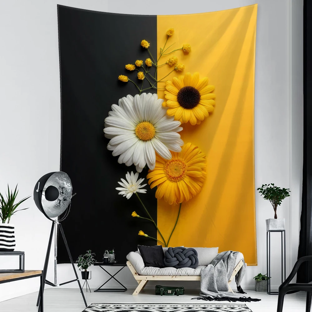 Желтый черный цвет блокирующий ромашка гобелен настенный простой