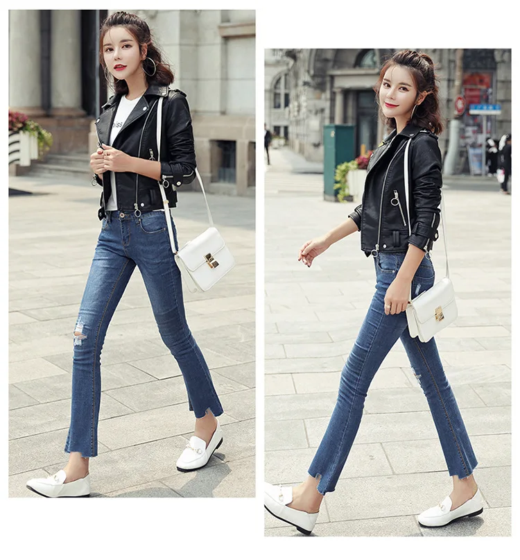 Ring zipper lapel leather coat 2023 women's short leather jacket showing thin coat
