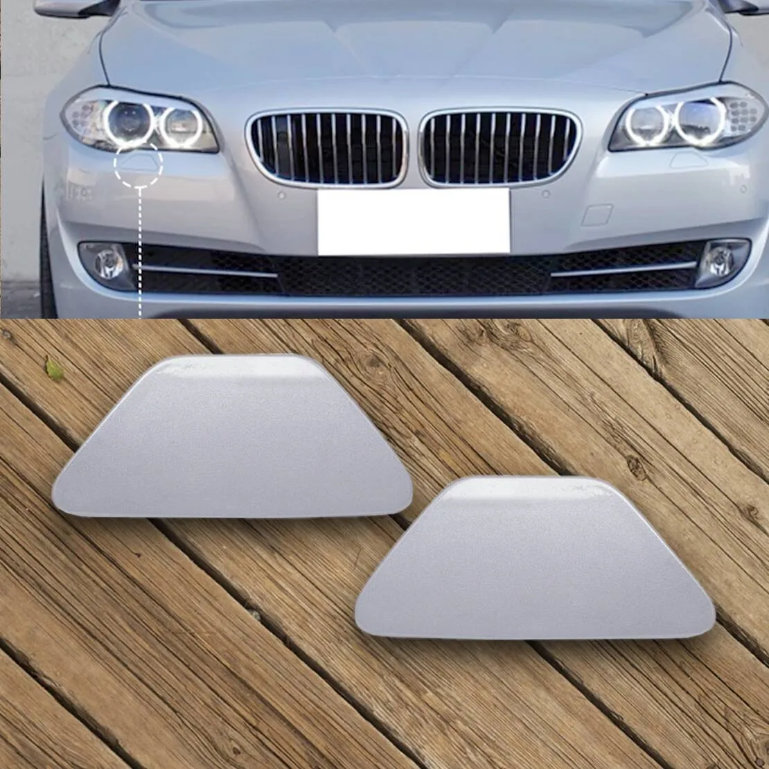 Фото 2 шт. серебристые накладки на форсунки омывателя фар Titan Silver |   Совместим с BMW 5 серии F10 F11 528iX 535iX 550i 2011-2013 годов выпуска №1