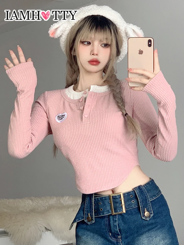 

IAMHOTTY Вязаный топ с пуговицами в форме сердца розовый кавайная футболка корейский стиль Топы с длинным рукавом Лолита Повседневная Базовая ...