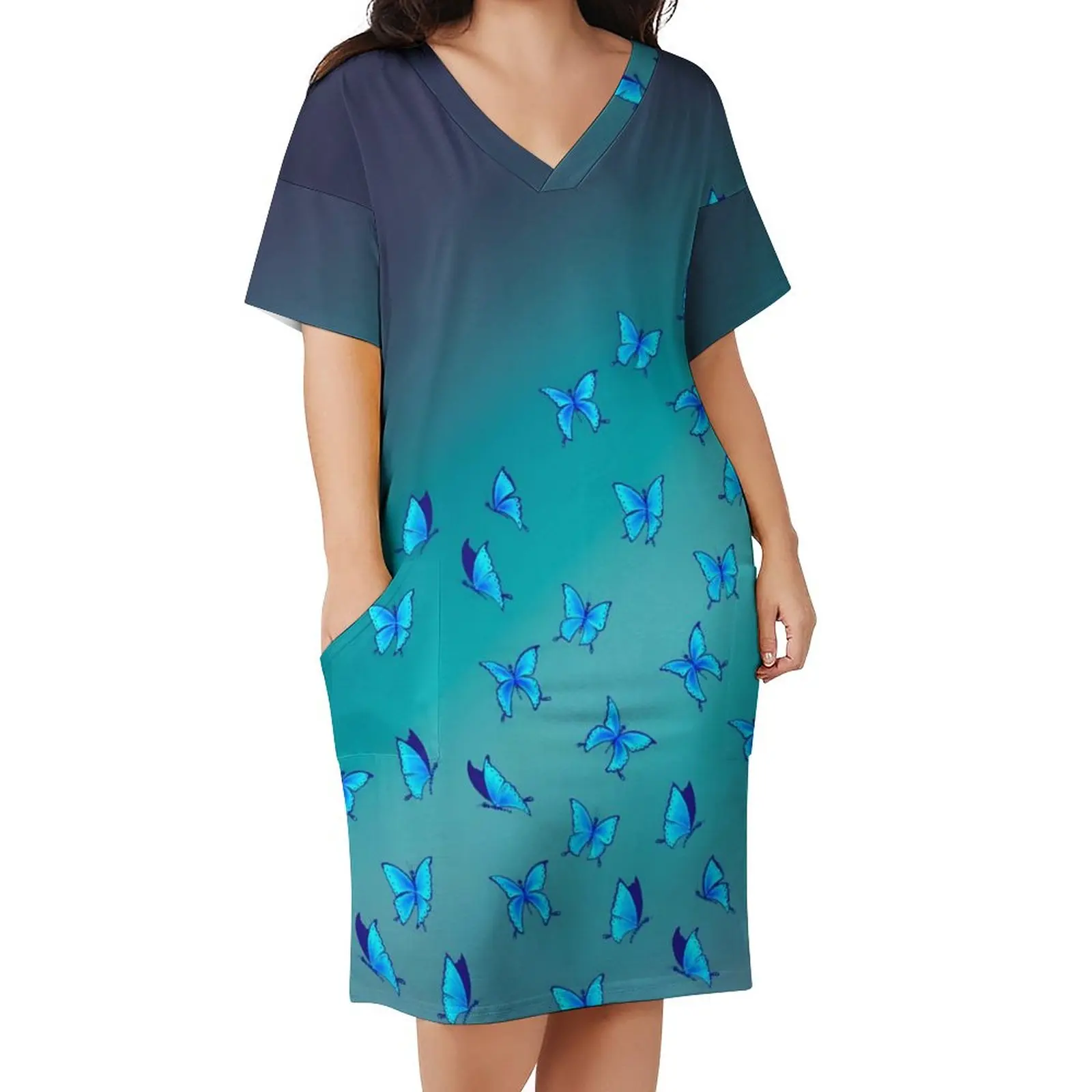 

Enchanted Butterfly Dress V Neck Blue Animal Cute Dresses Womens Street Wear Graphic Casual Dress With Pockets Big Size